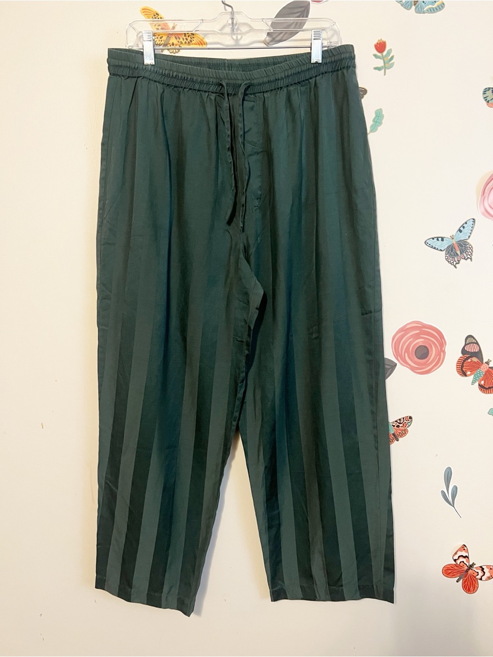 Men's Silk Blend Dark Green Stripe Drawstring Pajama Pants L